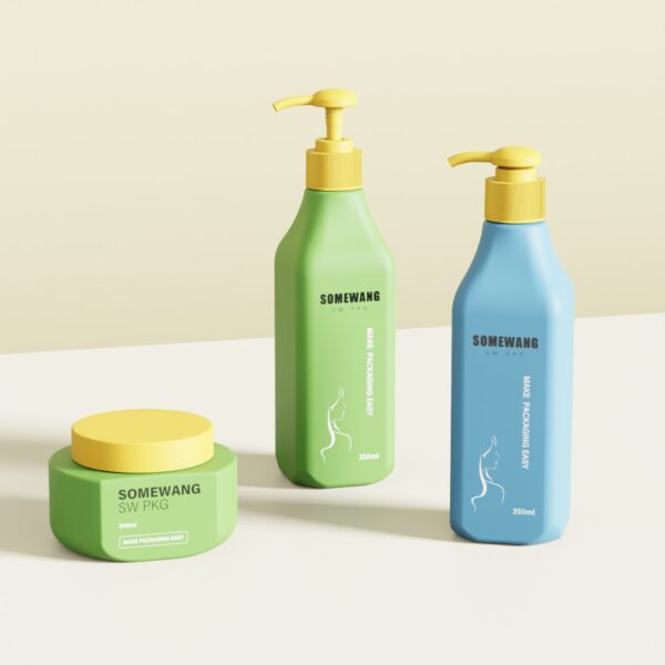 Hình ảnh minh họa là lọ PET màu xanh lá cây 240ml và chai bơm 400ml, cả hai đều có nhãn "SOMEWANG SW PKG" với thiết kế hiện đại.
