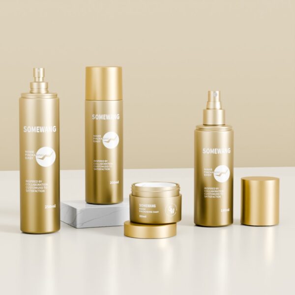 Five gold "Custom Skincare Kit" containers, including bottles, spray, and cream jar, on a sleek neutral surface.