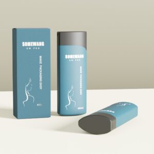 Three blue 400ml HDPE shampoo bottles with a woman's profile and "MAKE PACKAGING EASY"—perfect for custom packaging.