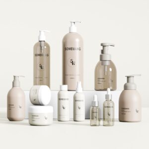 The SOMEWANG Body Care Series features beige and clear bottles, jars, and pumps on a neutral white background.
