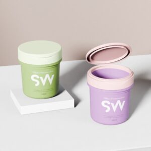 A green 240ml PP jar with a closed lid and a purple one with a pink flip-top sit on a white surface.