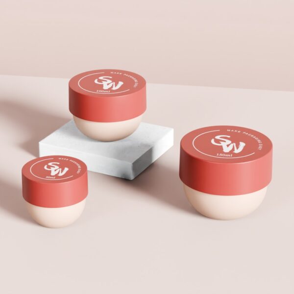 Three round PP jars (50ml, 100ml, 150ml) with red lids, white branding on a pink surface; one on a marble platform.
