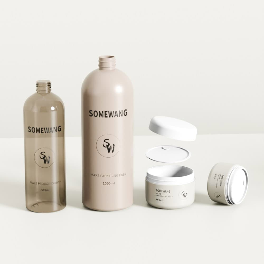 Four stylish body care containers—two bottles, two cream jars (one open)—from SOMEWANG PACKAGING on a white surface.