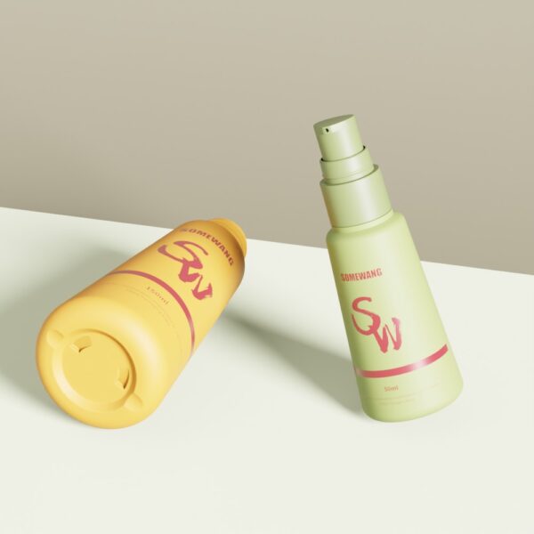 Two custom HDPE conical bottles: yellow 50ml lying down, light green 150ml with pump standing upright.