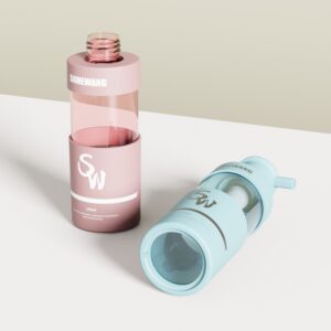 Two reusable bottles, pink (upright) and blue (side), feature "SW/SOMEWANG" and packaging based on a 150ml PET lotion bottle.