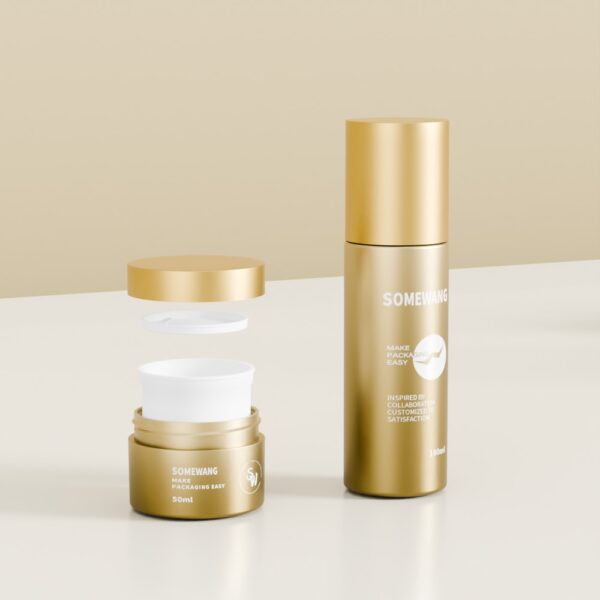 Two gold skincare containers—a jar and a pump bottle—are displayed on white, perfect for your care routine.