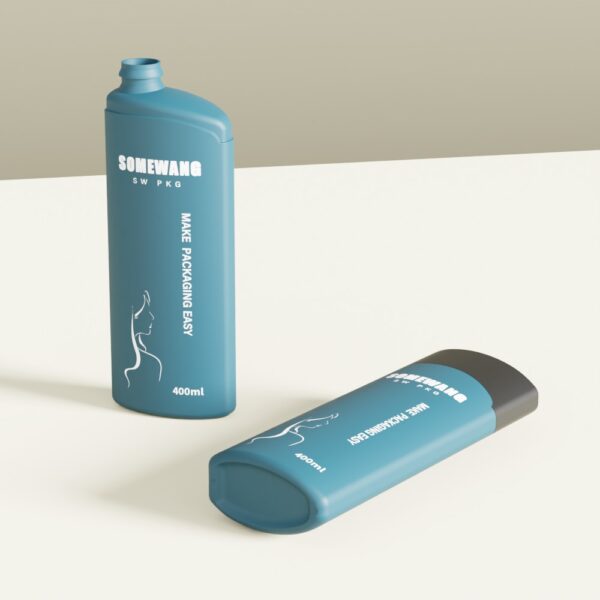 Two blue 400ml HDPE shampoo bottles—one upright, one flat—labeled with a silhouette graphic on a white surface.