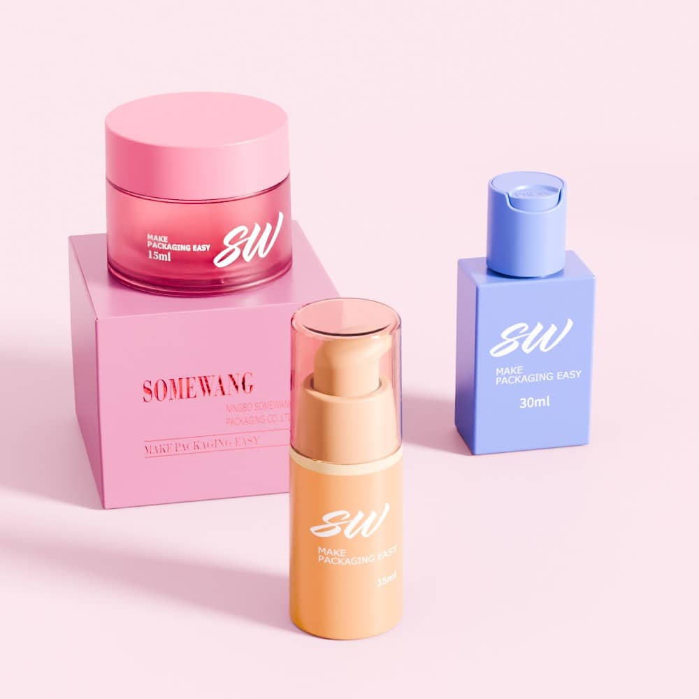 Three SOMEWANG travel containers—pink jar, orange pump, blue bottle—are shown on pink, each with white branding.