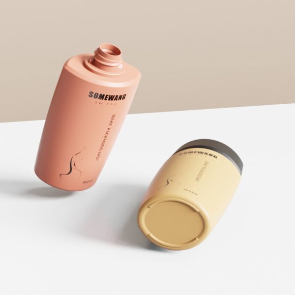 A pink open PE shampoo bottle and a closed yellow SOMEWANG bottle sit on a white surface against a beige background.