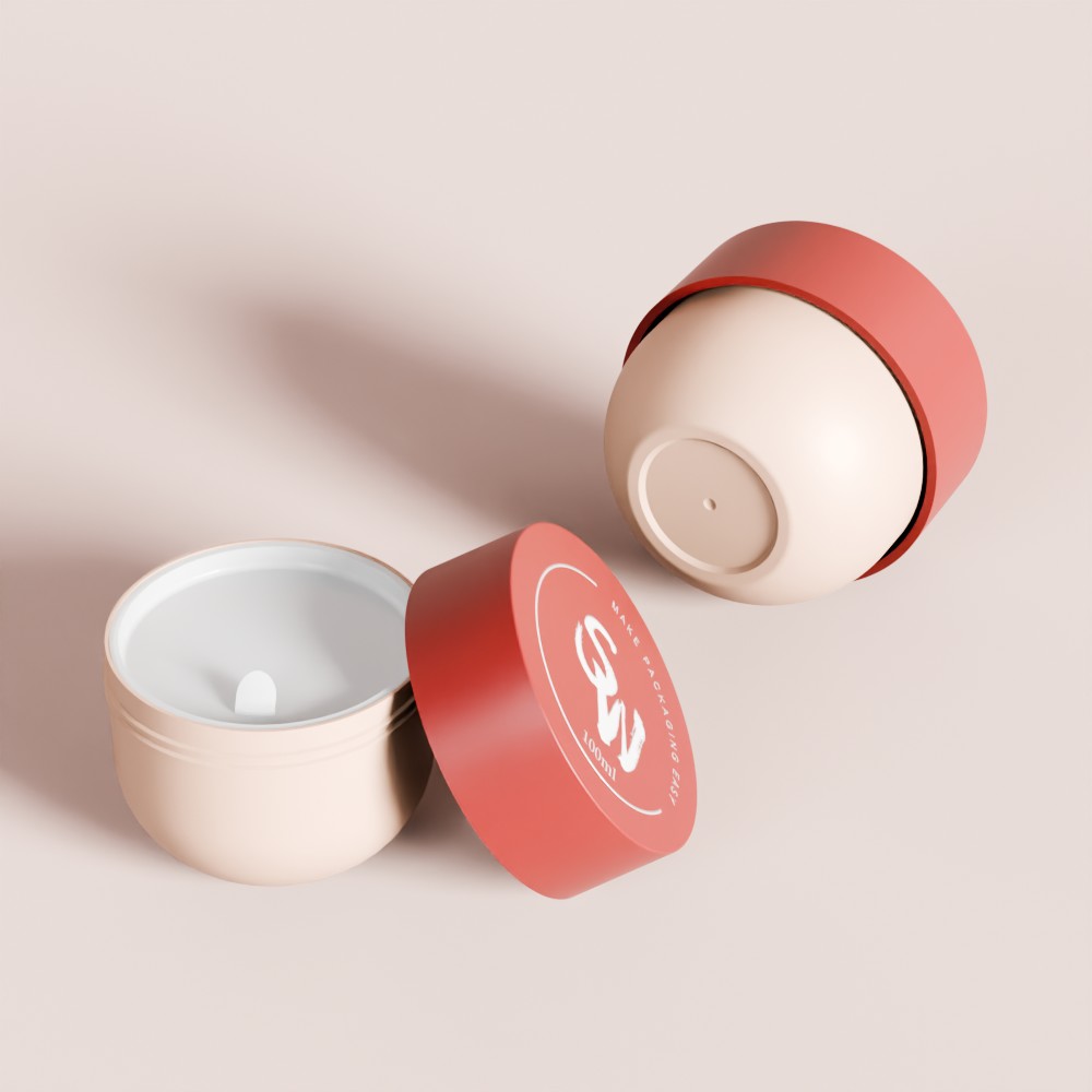 Two round 50ml/100ml/150ml pink-lidded PP jars, one open to show the seal, on a beige surface—ideal for cosmetics.
