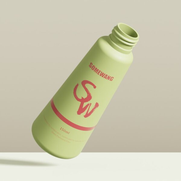 A green 150ml HDPE conical bottle labeled "SOMEWANG SW" with a red logo is shown open and tilted.
