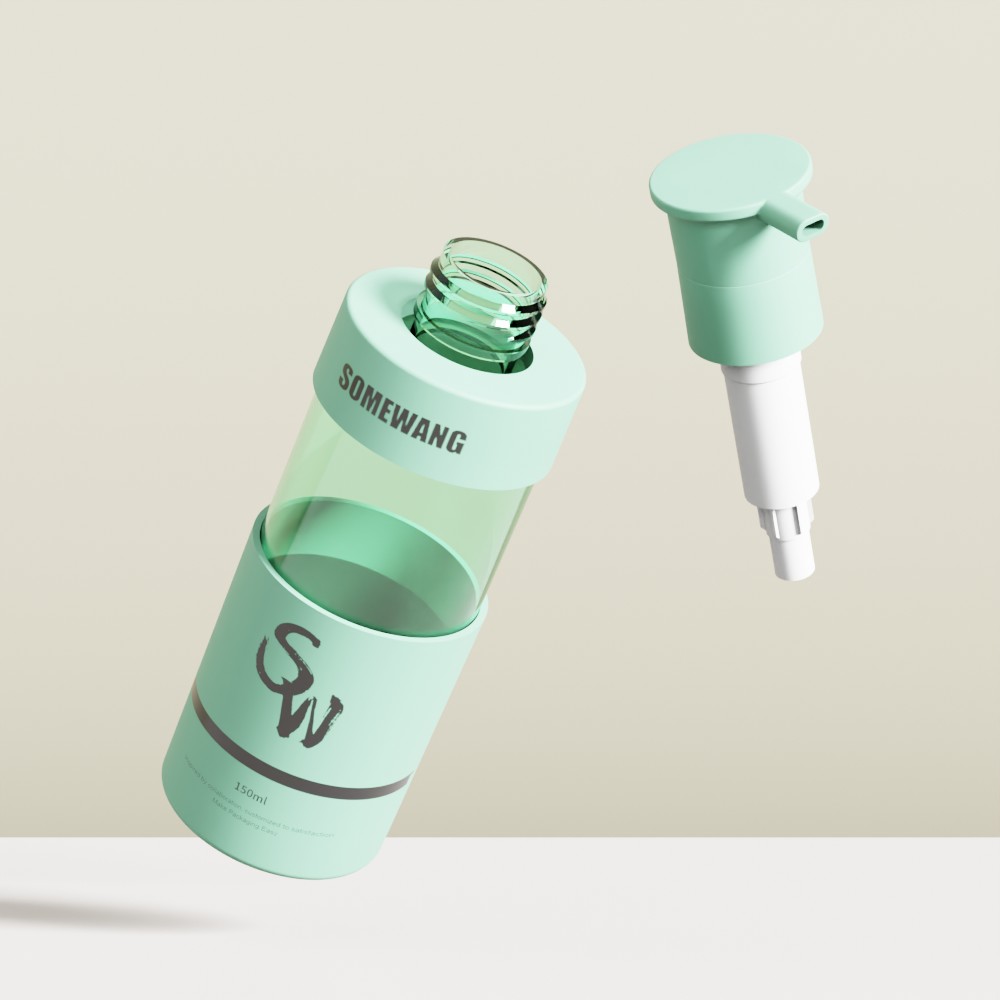 Chai PET "SOMEWANG" 150ml màu xanh bạc hà có vòi rót rời, lý tưởng để đựng kem dưỡng da, nổi trên nền sáng.