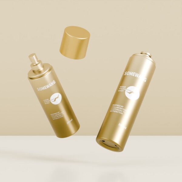 Two gold "SOMEWANG" spray bottles, one uncapped, float on beige, highlighting sleek skincare kit packaging.