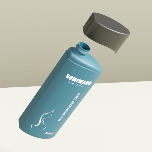 Teal 400ml HDPE shampoo bottle with "SOMEWANG SW PKG" and a woman’s face, black cap floating above.