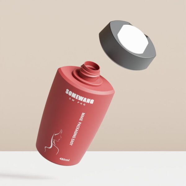 A red 480ml "Sonewang" shampoo bottle with a black cap floats above a neutral background.