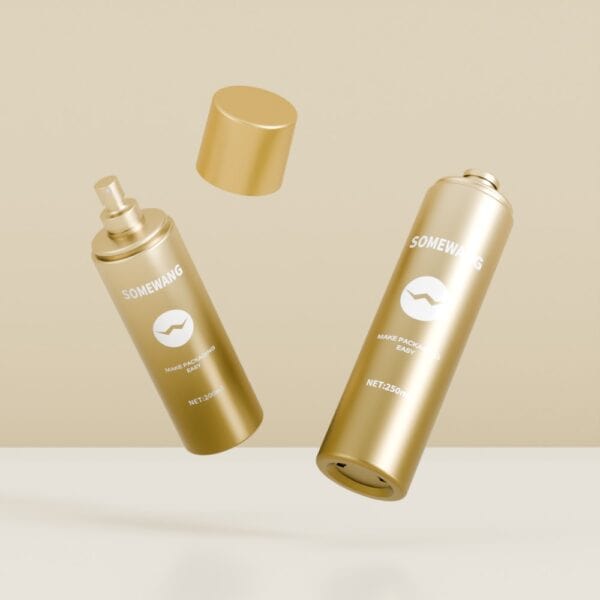 ขวด "SOMEWANG" สีทองสองขวด—ขวดหนึ่งเปิด อีกขวดปิด—ลอยอยู่บนครีม เหมาะสำหรับบรรจุภัณฑ์ชุดดูแลผิวแบบกำหนดเอง