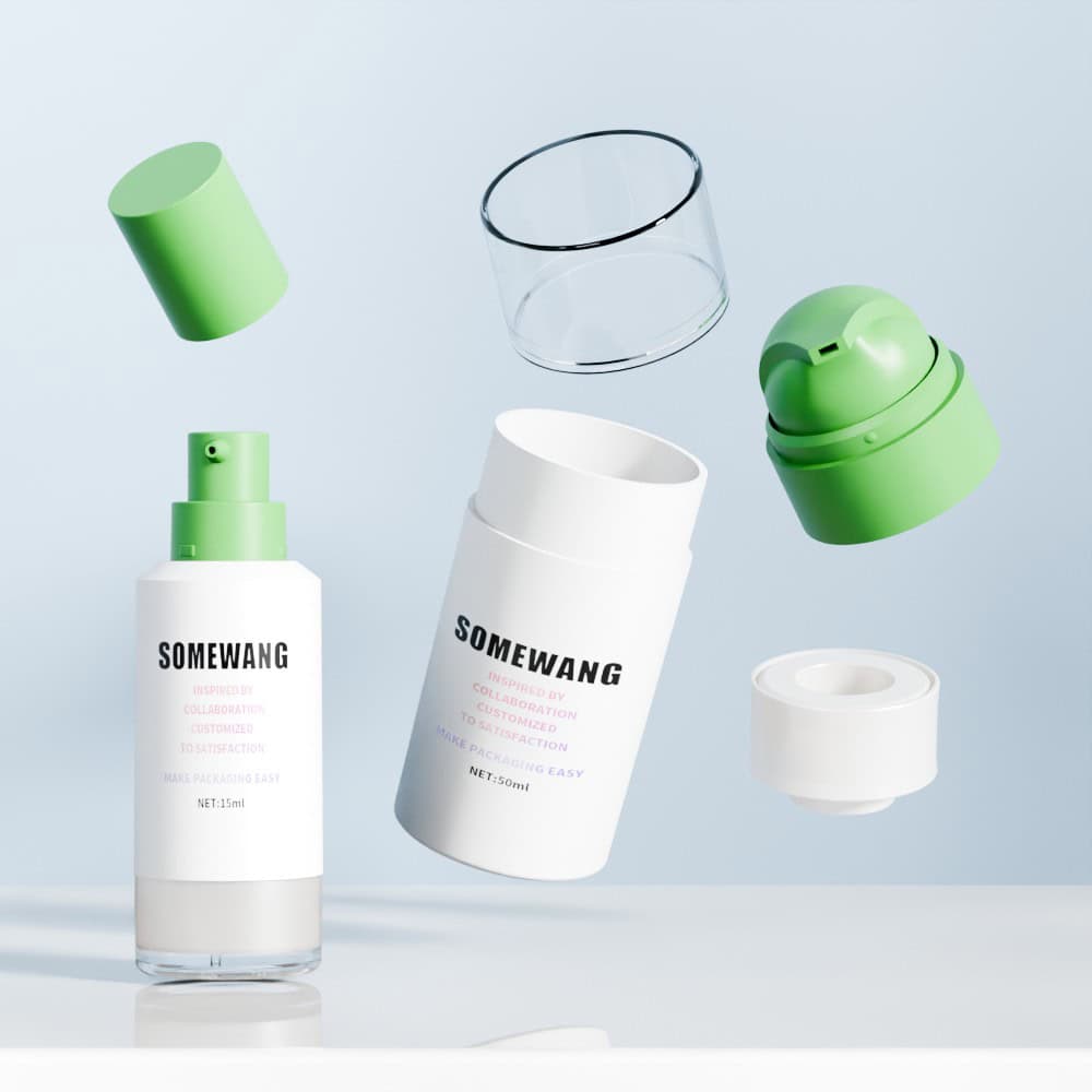 Two customized 15ml–80ml airless serum/lotion bottles with lids off on a light blue background.