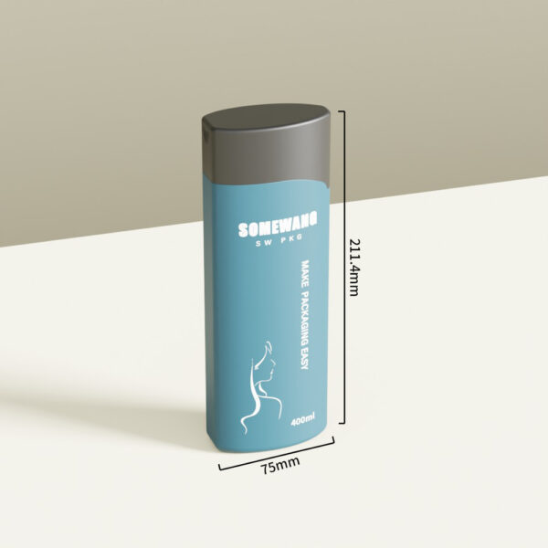 A blue-gray 400ml HDPE shampoo bottle (211.4mm × 75mm) sits on a white surface against a beige background.