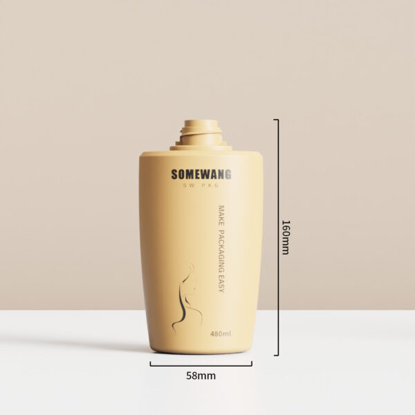 Beige 480ml customized PE shampoo bottle with screw cap, 160mm tall, 58mm wide.