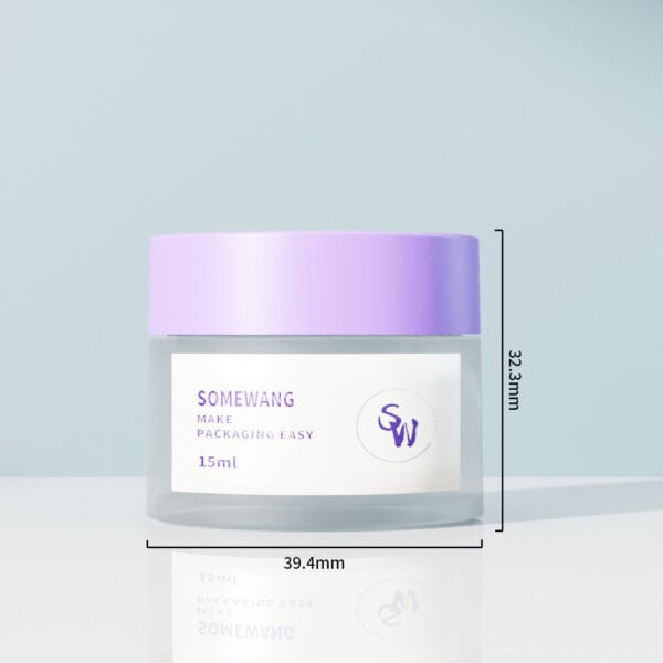 A 15ml PP double-wall jar with a purple "SOMEWANG" lid (39.4x32.3mm) is shown on a light background.