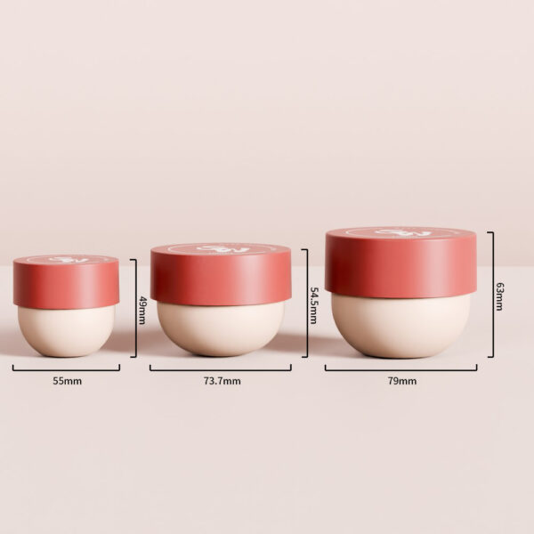 Customized 50ml, 100ml, and 150ml PP bowl jars with pink lids are shown with clearly labeled sizes.