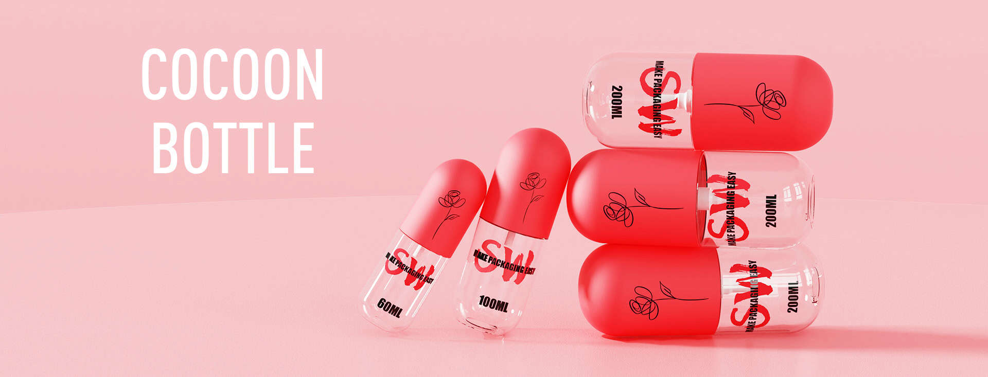 Four pink, floral "SWL" cocoon bottles are stacked by two upright ones on pink, with "COCOON BOTTLE" text left.