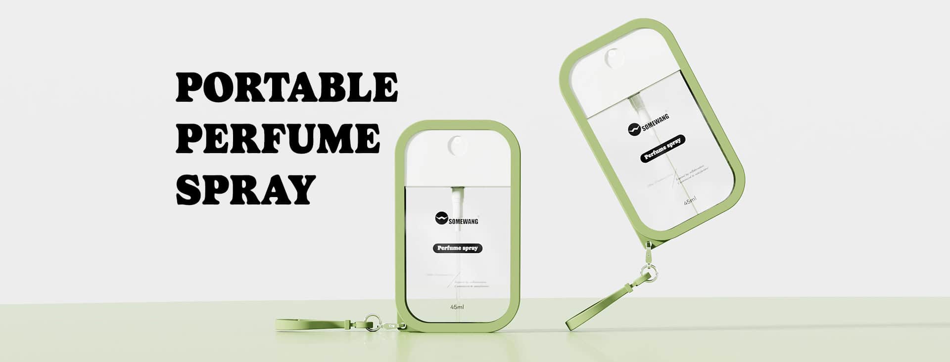 Два переносных флакона для духов в светло-зеленых рамках, один в вертикальном положении, другой в наклонном, с жирной надписью «Портативный парфюмерный спрей».