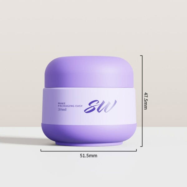 Round lavender 30g lotion jar with "SW" and "MAKE PACKAGING EASY 30ml"; measures 47.5mm x 51.5mm.