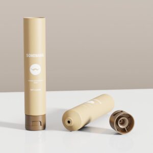Two beige 120ml PE lotion tubes, one upright and one horizontal with cap off, both with flip-top caps.