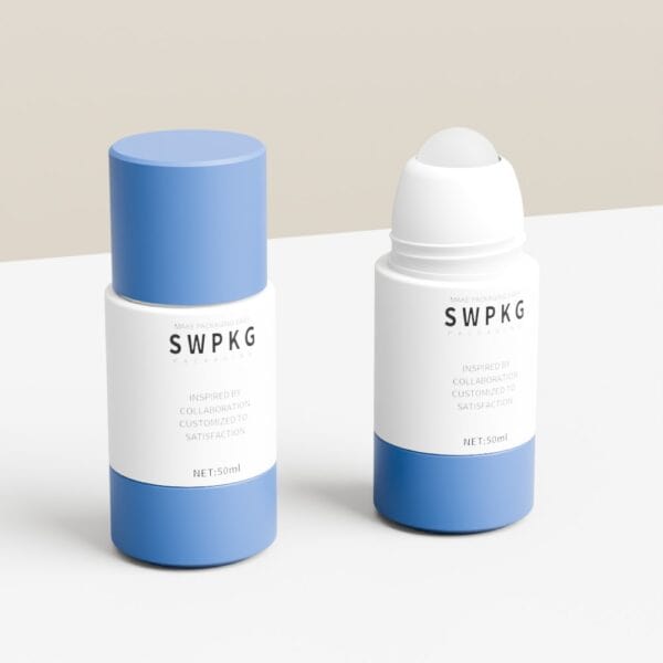 Two 50ml blue and white roll-on bottles shown; one closed, one open with applicator visible.