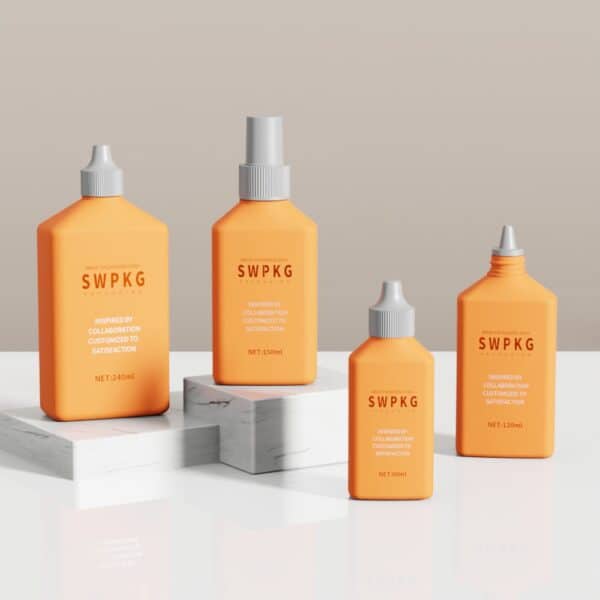 Four orange HDPE square bottles (60, 120, 150, 240ml) with gray "SWPKG" caps on marble blocks against a light background.