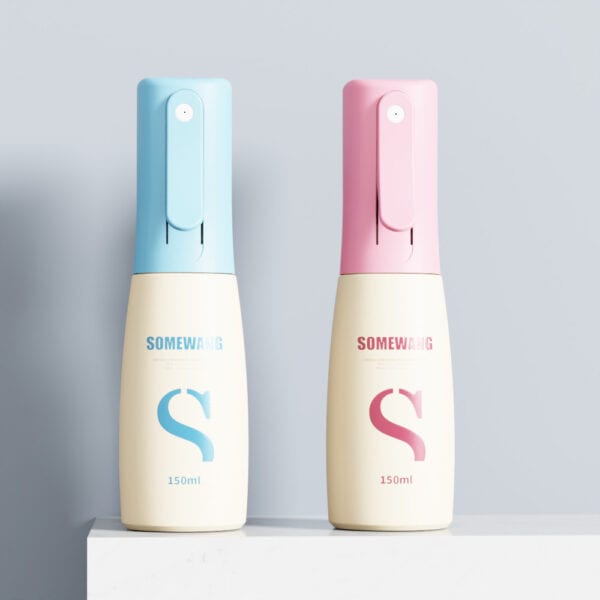 Two 150ml HDPE spray bottles, one with a blue top and one with a pink top, on a white surface and gray background.