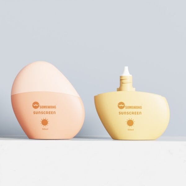 Two 50ml HDPE sunscreen bottles on white: left is peach, right is yellow with cap off—great for showcasing your design.
