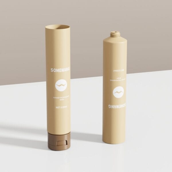Two beige "SOMEWANG" 120ml lotion tubes stand upright; one cap closed, the other open, on a white surface.