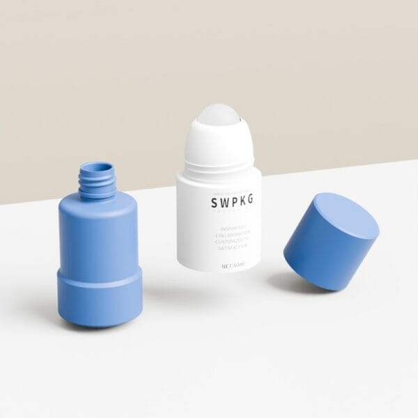 50ml SWPKG roll-on bottle with two blue caps (upright and sideways) on a white and beige surface.