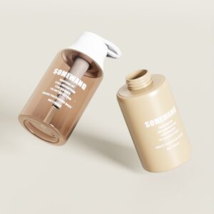 Botol PET 300ml yang dapat digunakan kembali dengan "SOMEWANG" berwarna putih dan pompa losion untuk penggunaan khusus.