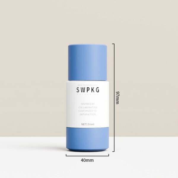 50ml blue and white SWPKG PP roll-on bottle, cylindrical, replaceable; 40mm wide, 97mm tall.