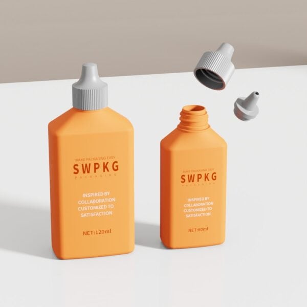 Two orange 60ml and 120ml HDPE flat bottles on a white surface, one uncapped. Also available in 150ml and 240ml.