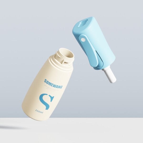 Beige 150ml HDPE spray bottle with blue nozzle detached, labeled "SOMEWANG" on a light background.