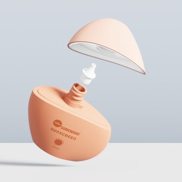 Beige, oval HDPE bottle with lid off, showing dispenser. Label: "Customized 50ml HDPE Sunscreen Bottle." 50ml capacity.