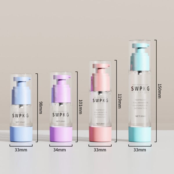 Pastel AS Airless-flessen (15-50 ml, 96-150 mm) met SWPKG-maatlabels. Transparante, aanpasbare pompflacons beschikbaar.