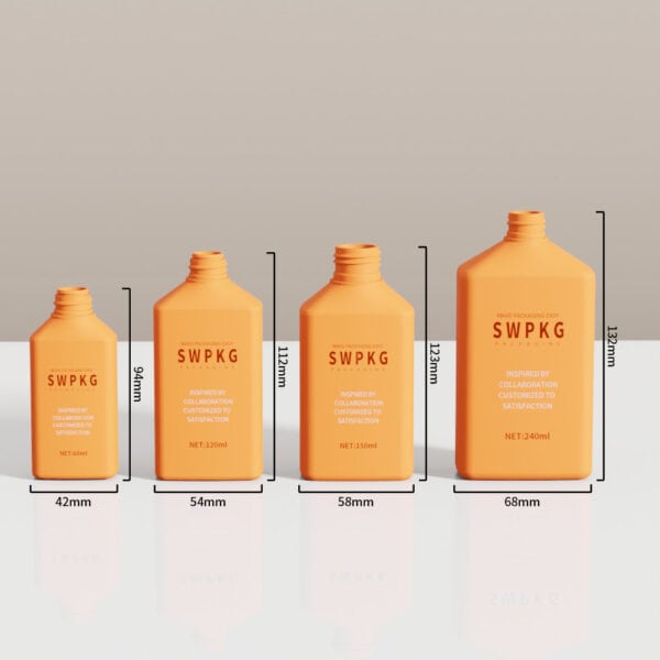 Four SWPKG HDPE Flat Square Bottles (60ml–240ml) in a row, labeled with width/height. Suited for custom packaging.