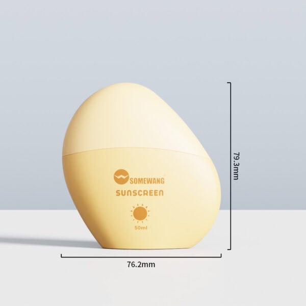 Yellow, egg-shaped 50ml HDPE sunscreen bottle labeled "SOMEWANG SUNSCREEN 50ml," 76.2mm x 78.3mm.