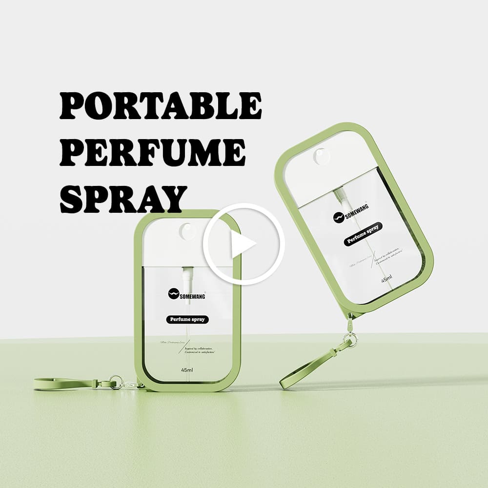 Two green perfume spray bottles, one upright and one flat, on light green surface with bold "PORTABLE PERFUME SPRAY" text.