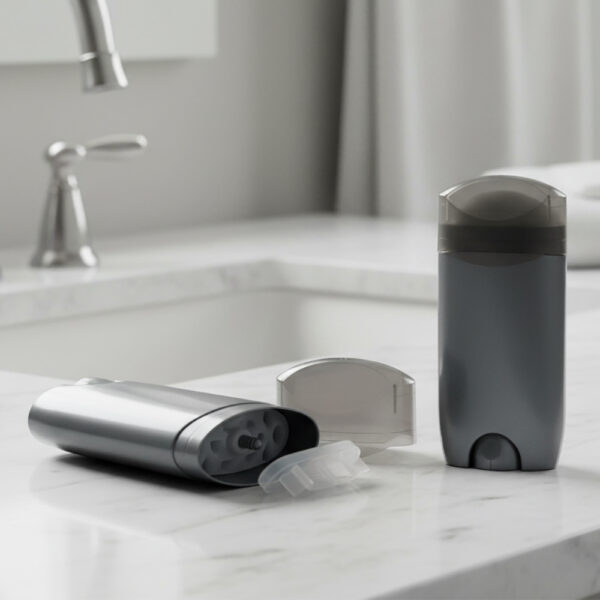 Refillable deodorant bottles and applicator on a white marble bathroom counter. Modern, eco-friendly personal care products designed for convenience and style. Ideal for daily hygiene routines.