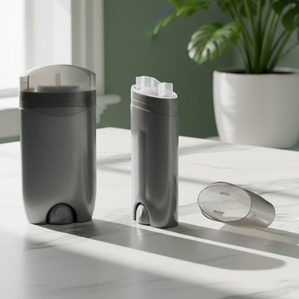 A set of sleek, modern deodorant containers with transparent caps on a white marble surface next to a potted green plant.