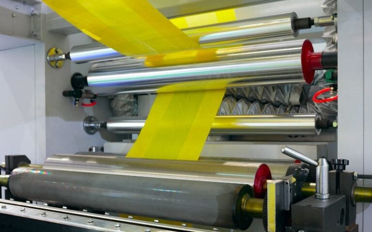 High-speed plastic film printing machine for flexible packaging applications, featuring industrial rollers and precise control systems for high-quality printing.