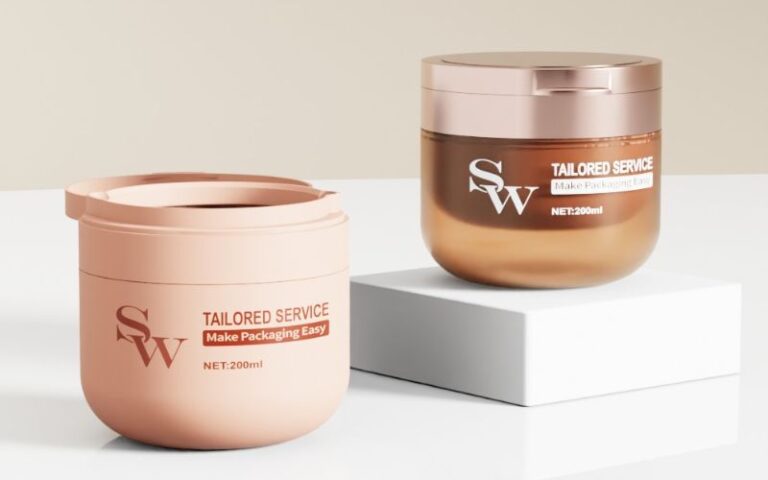 Cosmetic jars for skincare packaging with customizable branding, rose gold and bronze finishes, perfect for beauty product storage and presentation, stylish and practical.