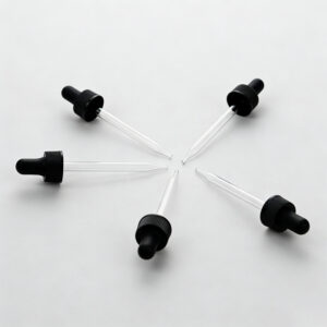 Eye dropper bottles with black caps and clear glass pipettes, ideal for e-liquid, CBD, or essential oils. Perfect for precise liquid dispensing and DIY vape juice or CBD oil packaging.