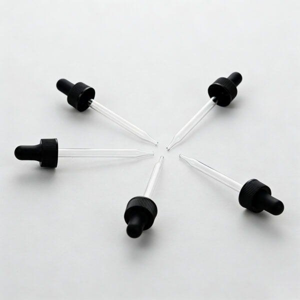 Eye dropper bottles with black caps and clear glass pipettes, ideal for e-liquid, CBD, or essential oils. Perfect for precise liquid dispensing and DIY vape juice or CBD oil packaging.